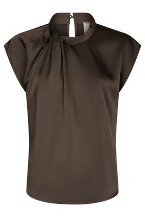 Neo Noir Fleur Drapy Satin Blouse - Dark Brown
